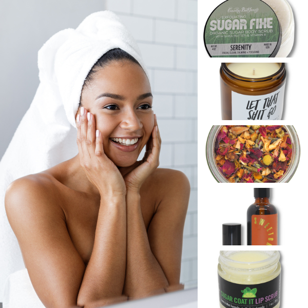 Woman smiling while wearing towels, with stacked self-care products in The Mood Boosting Collection from Happiness Ain't Cheap.
