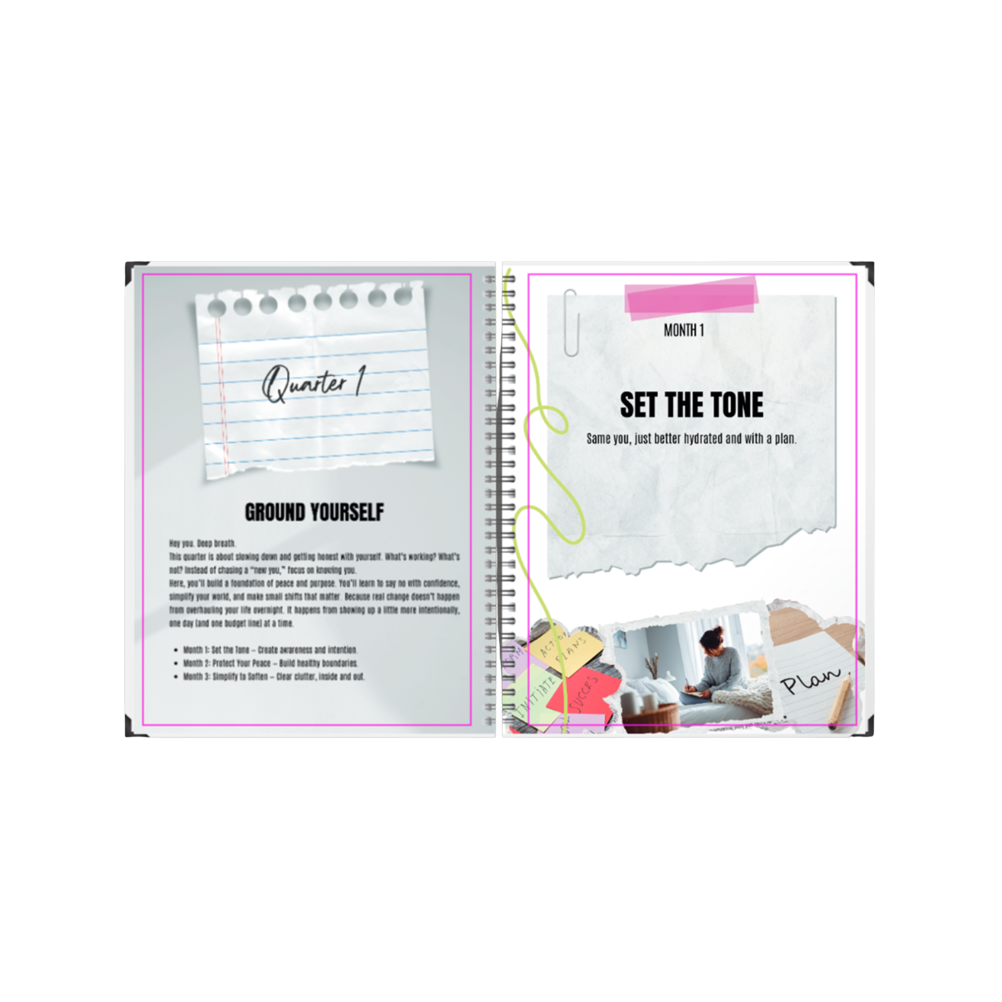 Open planner with pages titled 'Set the Tone' and 'Around Yourself' on a white background
