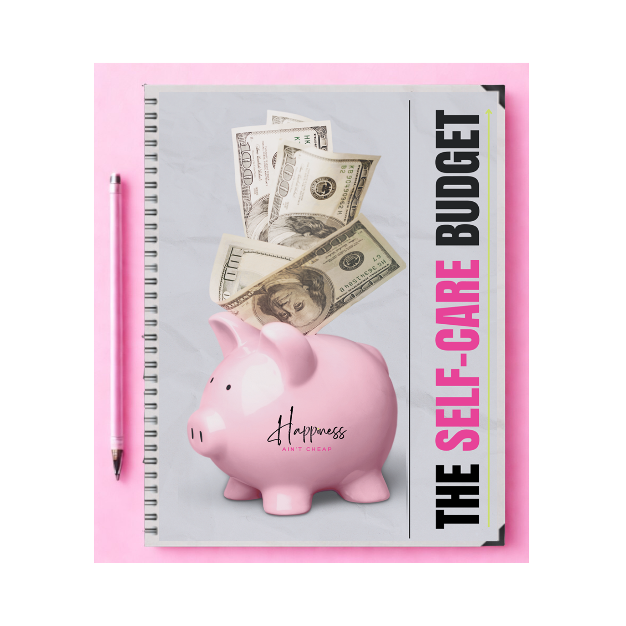 Notebook titled 'The Self-Care Budget' with a pink piggy bank and money on a white background